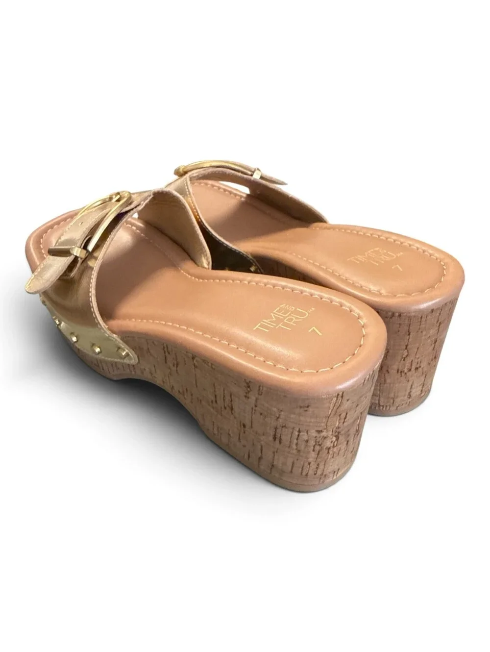 Time and Tru Gold Buckle Platform Wedge Slide Sandals